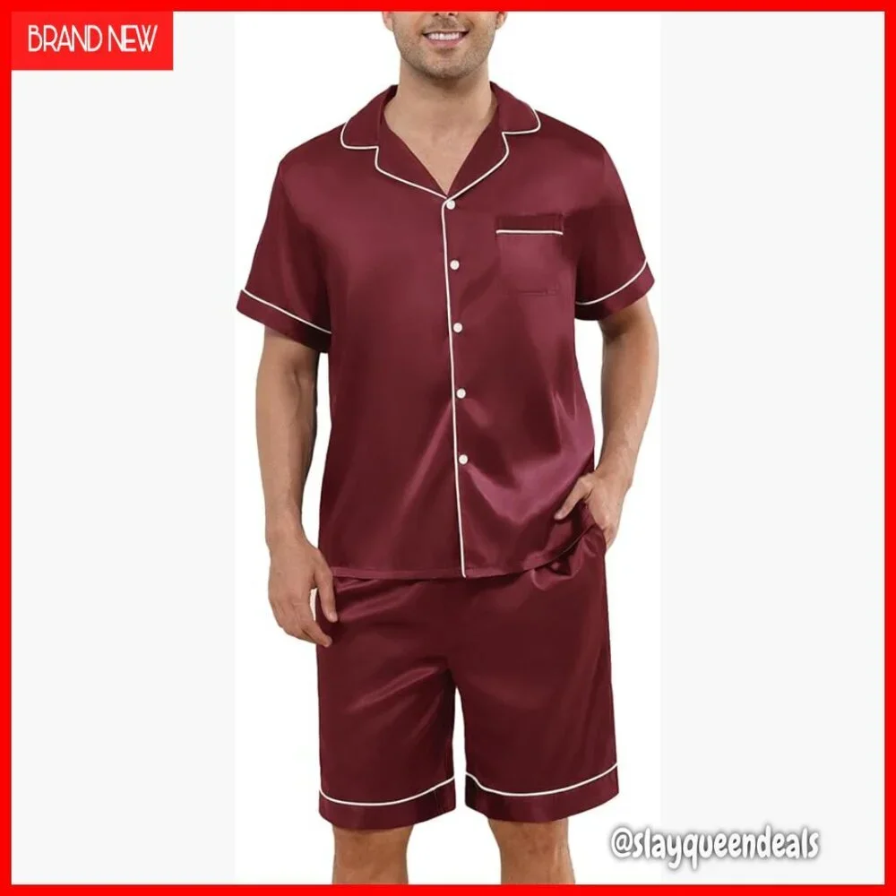 Men's Silk Satin Pajama Set Short Sleeve Sleepwear Lounge with Pockets